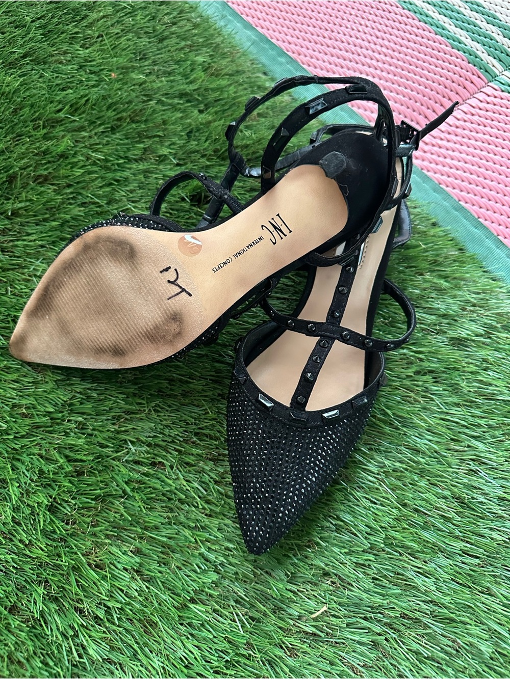 INC International Concepts Black Studded Pointed Toe T-Strap Heels - Picture 6 of 7